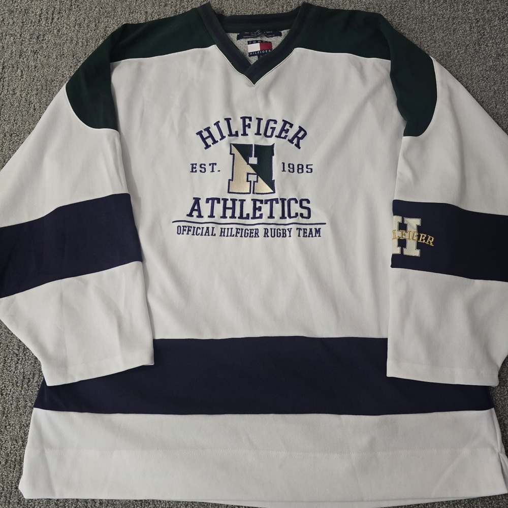 Vintage Tommy Hilfiger Athletics Hockey Jersey Mens L White Rugby 88
